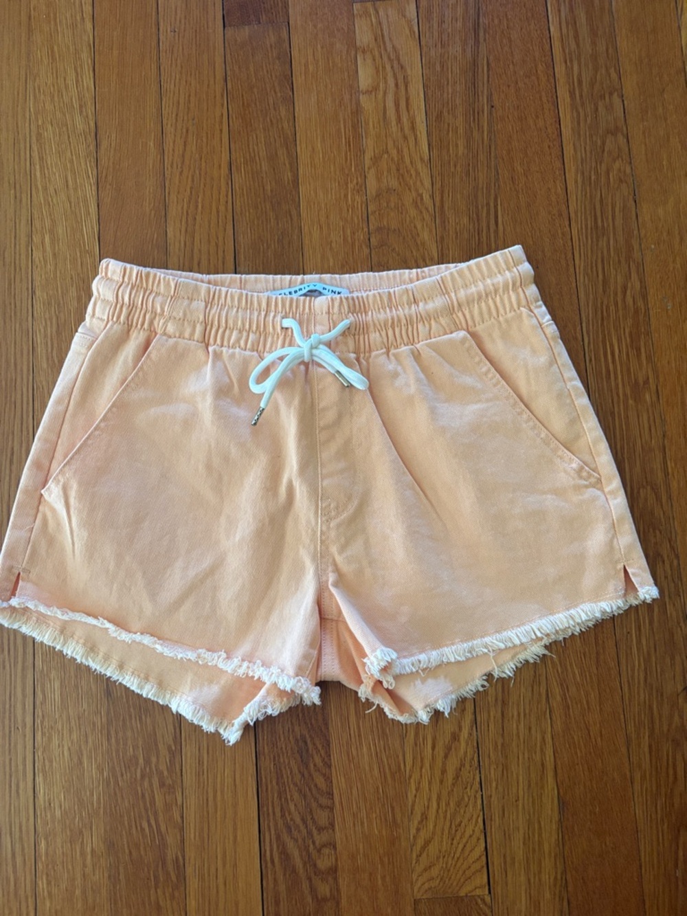 Celebrity Soft Peach Color Drawstring Frayed Hem Shorts